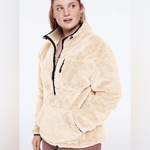PINK Victoria Secret Cream Sherpa Quarter Zip - Picture 1 of 6